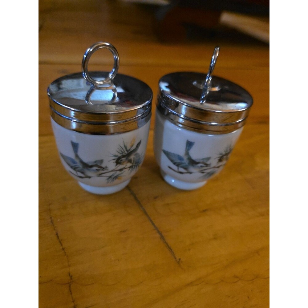 Royal Worcester Set Of 2 Birds Egg Coddlers Porcelain Chrome Lid England VINTAGE